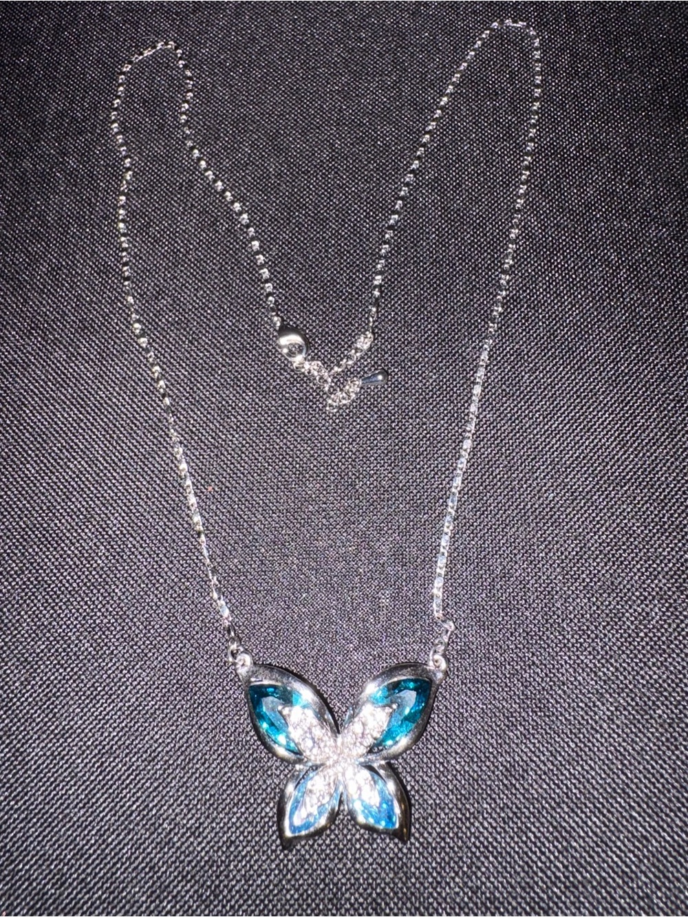 Silver Butterfly Necklace with Blue and White Crystals